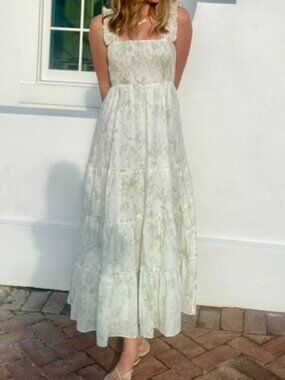 Lucy Paris Smocked Tiered Maxi Dress Green Floral XS